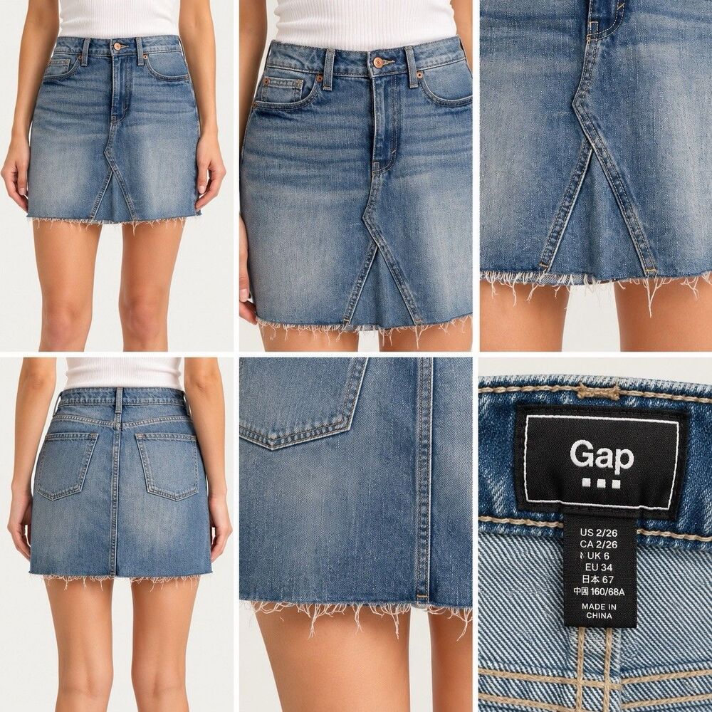 Gap Skirt 2/26 Women Blue Denim A-Line Mini Frayed Hem Button Pockets Solid